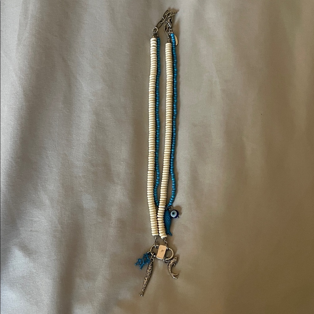 Free People Blue and Cream Beaded Necklace with Silver Charms